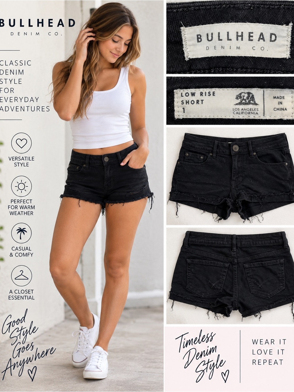 Bullhead Denim Co Black Low Rise Denim Shorts Size 1 Distressed Raw Hem
